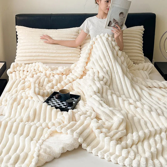 Large Size Solid Color Ultra Soft Warm Rabbit Fur Blanket Portable Sofa Throw for Car Travel Cozy Nap Blanket for Office/Couch